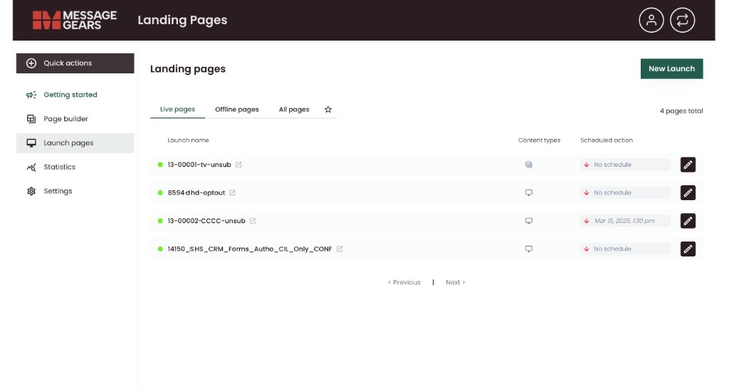 Landing pages list view