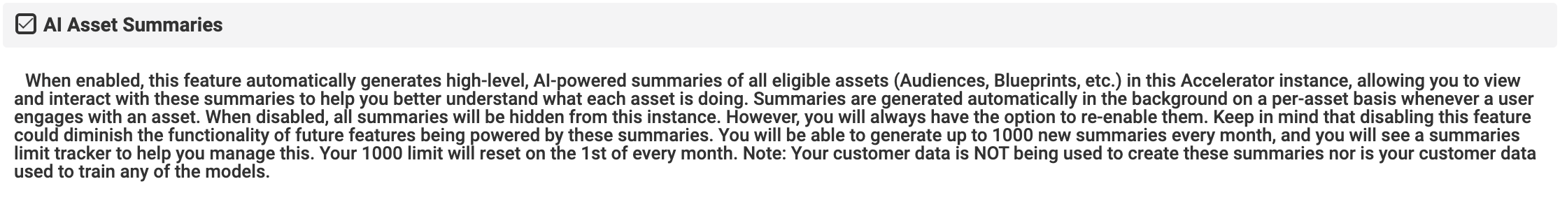 AI Asset Summaries toggle in Admin