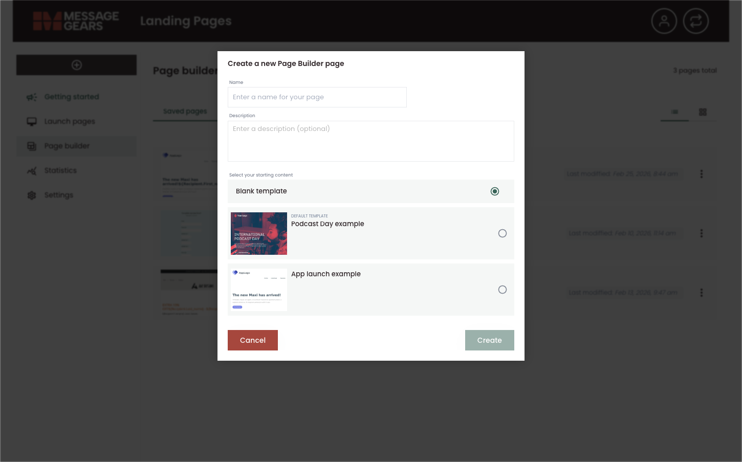 Create a new Page Builder page dialog