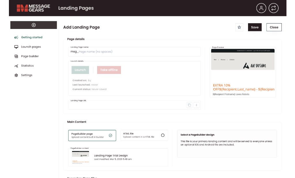 Add Landing Page form
