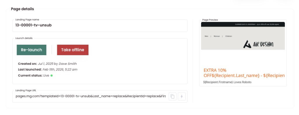 Launch Page – Page details