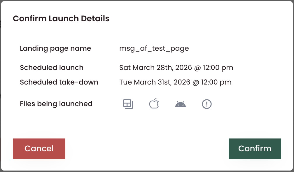 Launch Page – Confirm schedule