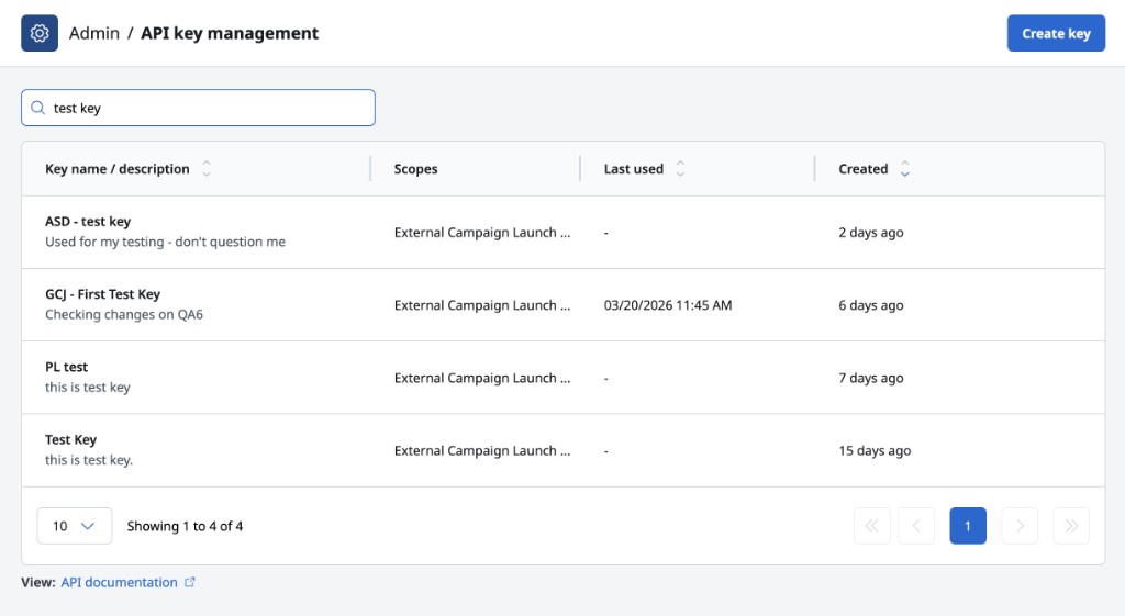 API key management list page
