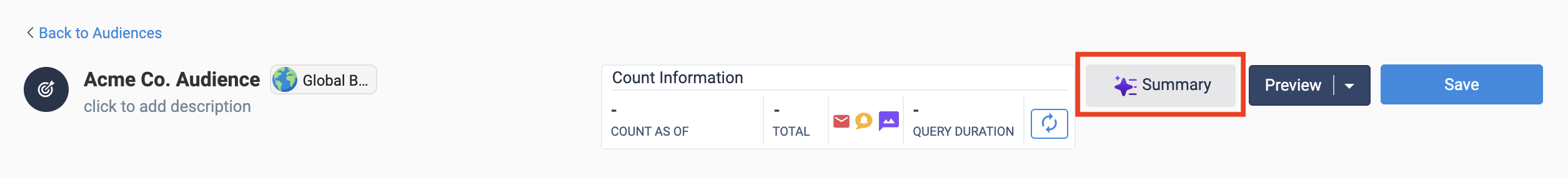 Summary button on an asset detail page, with the AI icon filled in to indicate the summary is ready