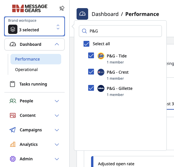 The Brand Workspace allows users to filter Accelerator by Brands