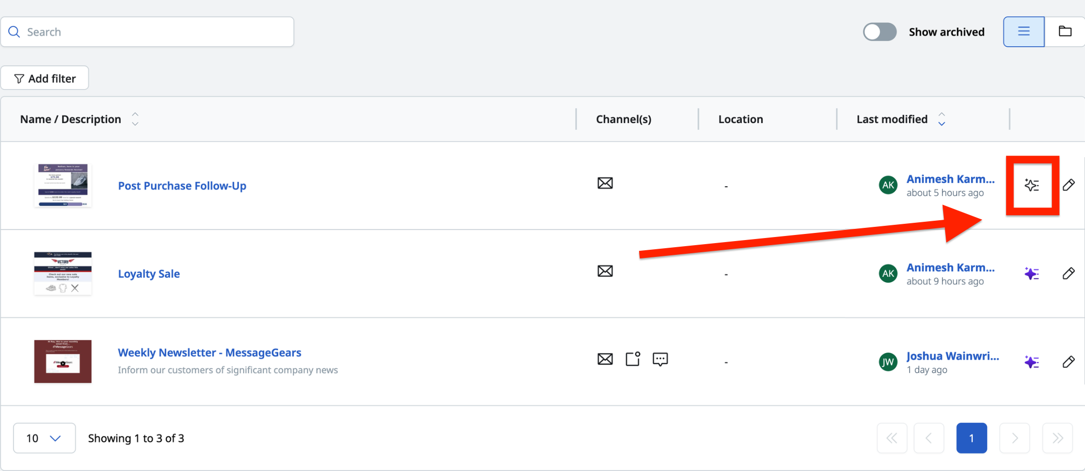 Summary icon on asset list page