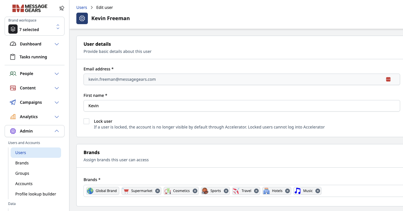 User details displaying assigned Brands
