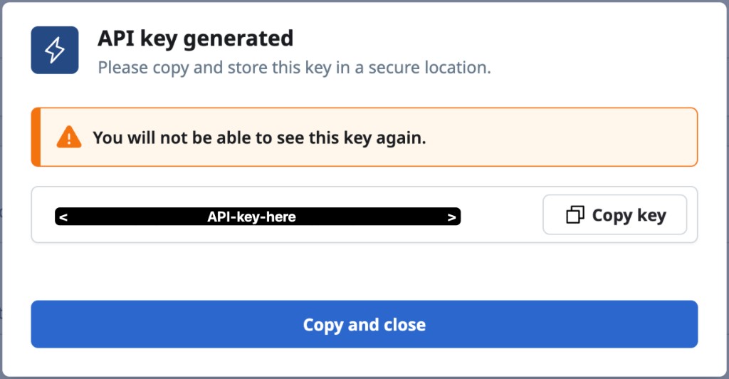 Generated API key modal with copy action