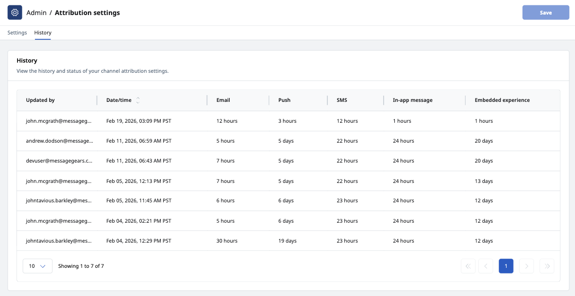 Attribution settings window