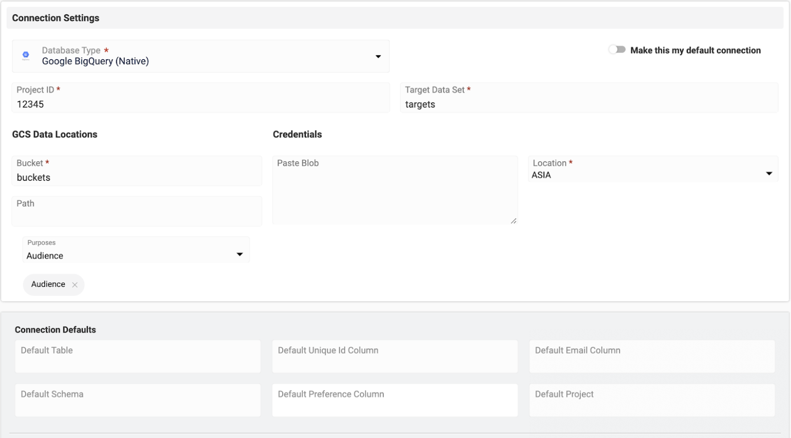 Bigquery connection settings