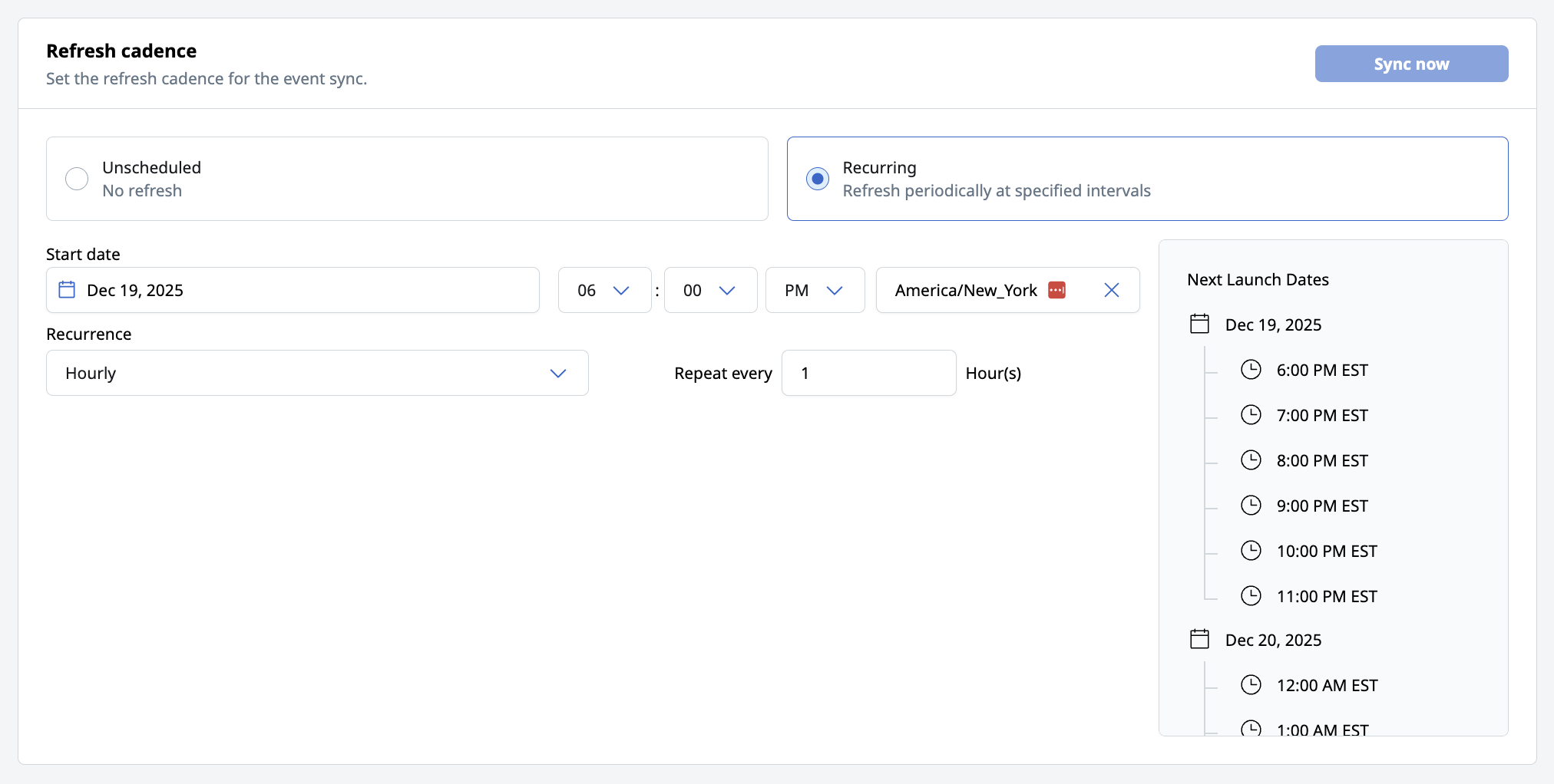 Event sync recurring schedule definition