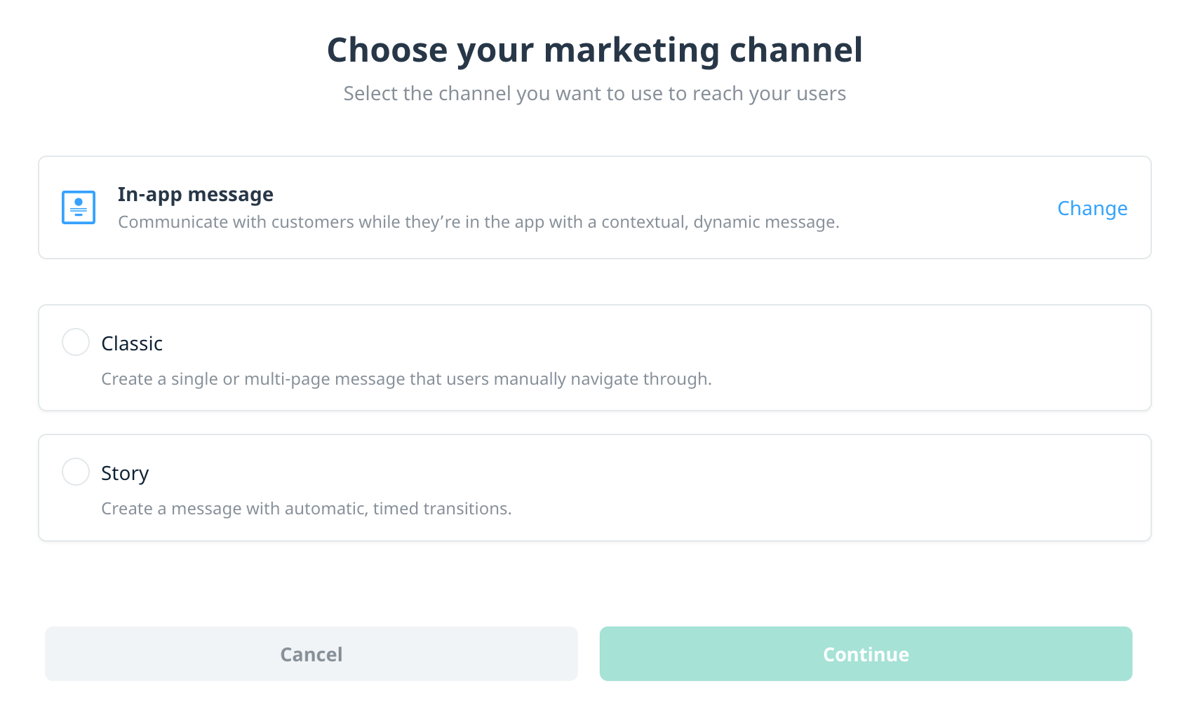 in-app message chose marketing channel