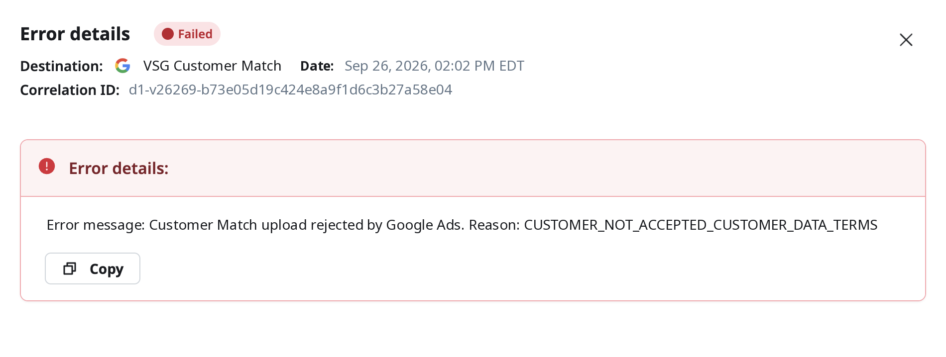 The Error details panel for a failed export showing the destination, date, correlation ID, the error message, and a Copy button