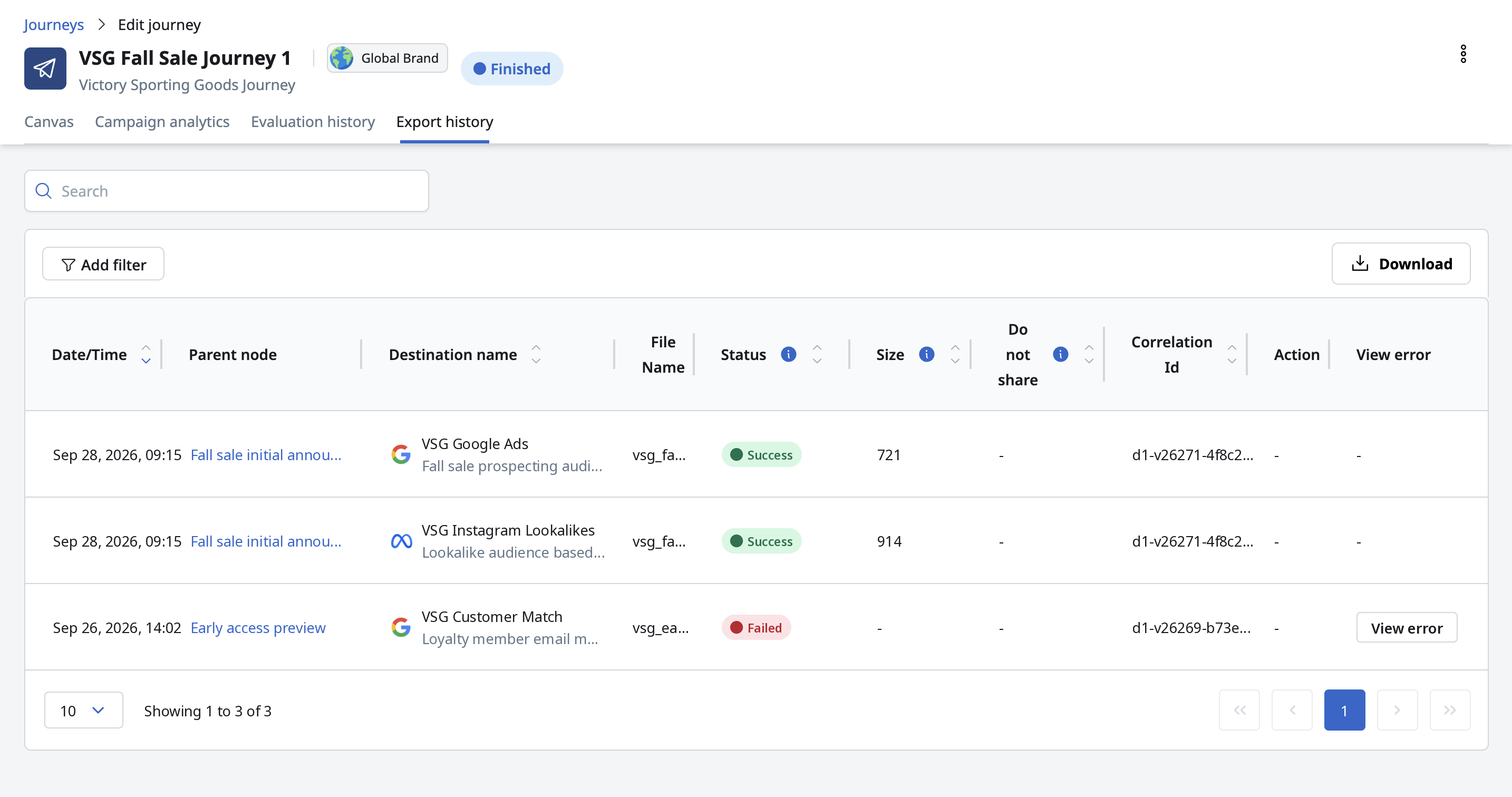 The Export history tab, listing each export with its destination, status, size, and date