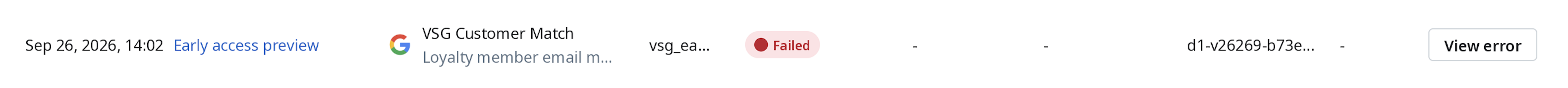 A failed export row in the Export history table with a View error button