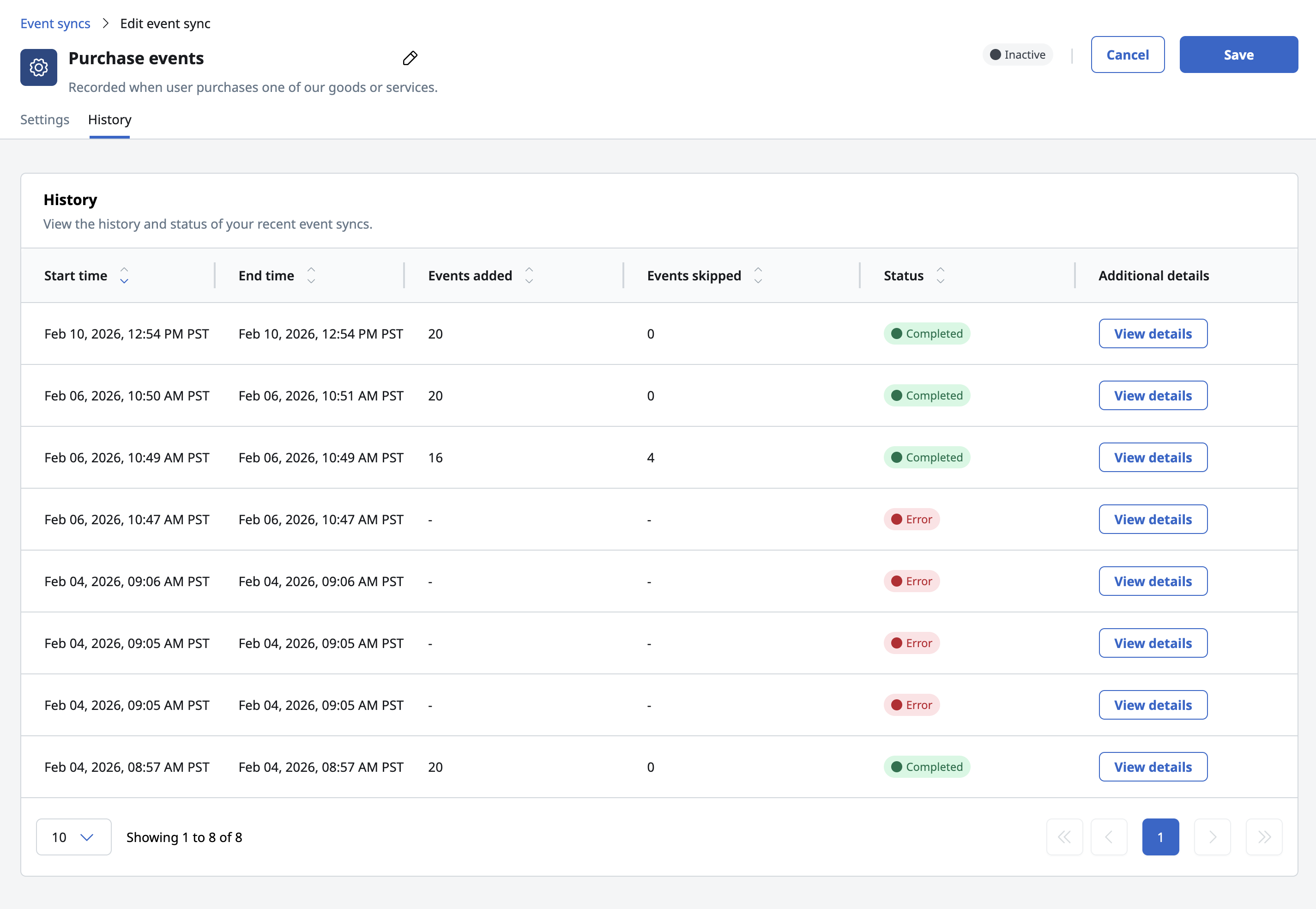 Event sync history