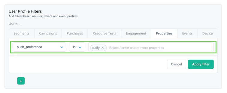 Push preference from user profile properties filter